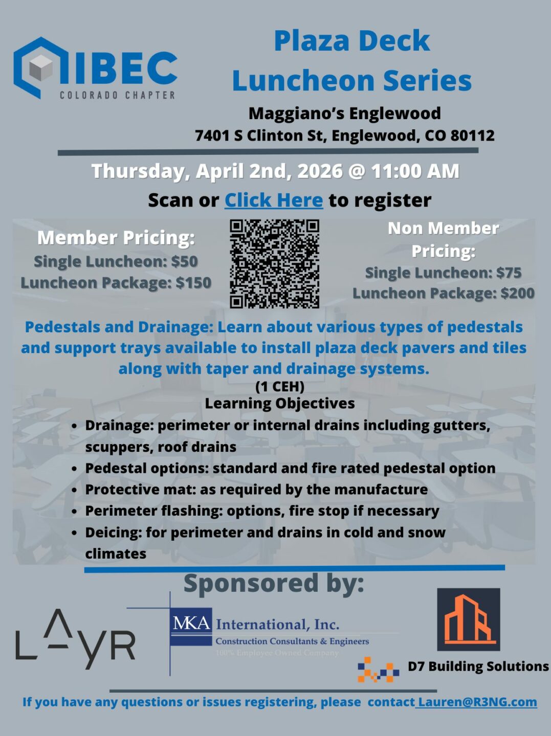 IIBEC Colorado Chapter's Plaza Deck Luncheon Series flyer on Pedestals and Drainage.